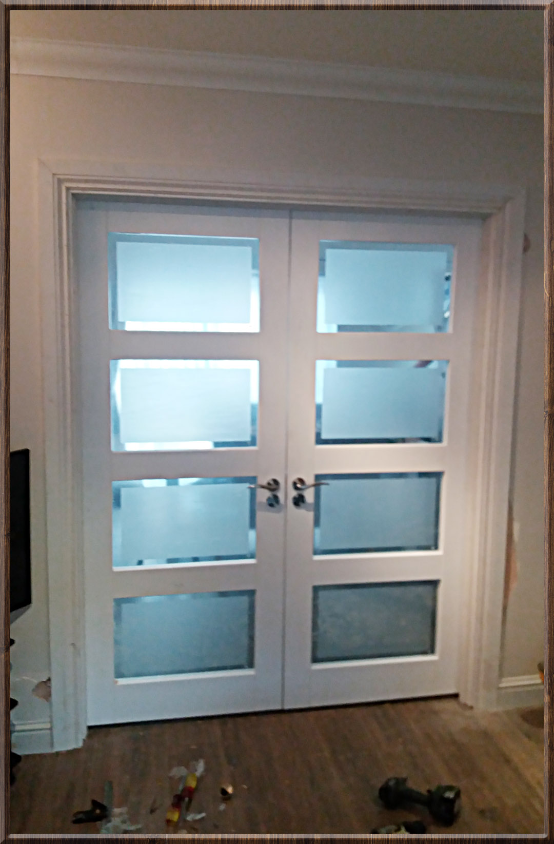 Eight panel frosted glass double doors